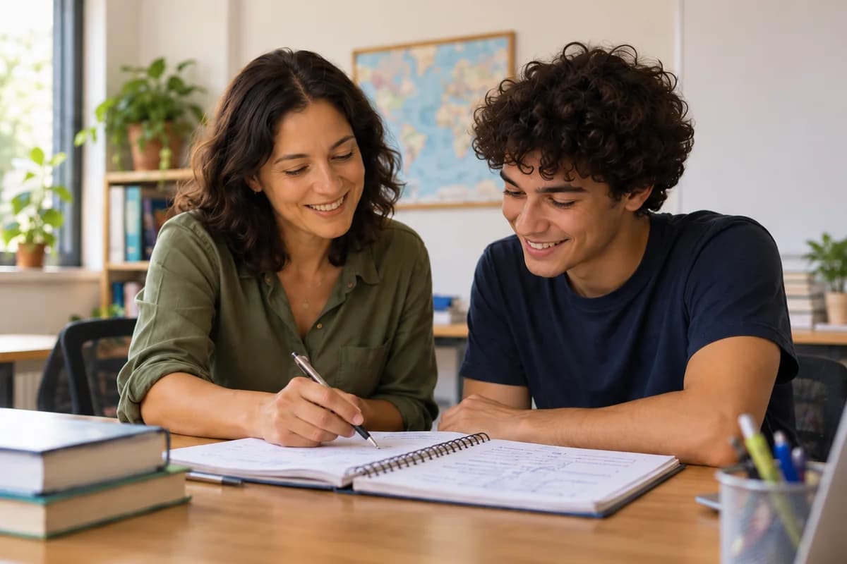 Professora e aluno adulto estudando juntos em uma mesa com livros e caderno
